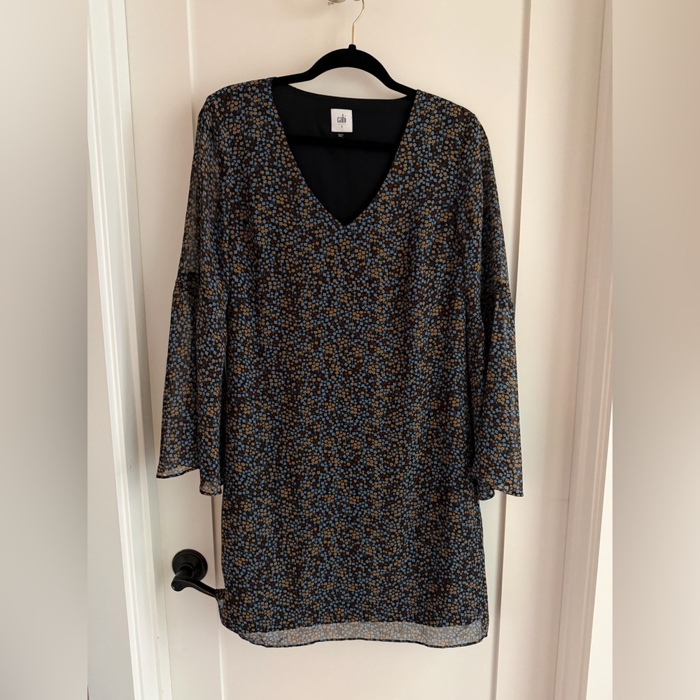 CAbi Long Sleeved Sleeve Dress with Brown and Blue Floral Pattern